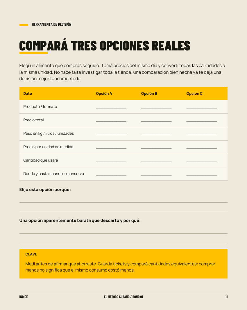 Hoja del bono: comparar tres opciones por precio unitario, cantidad de uso y conservación